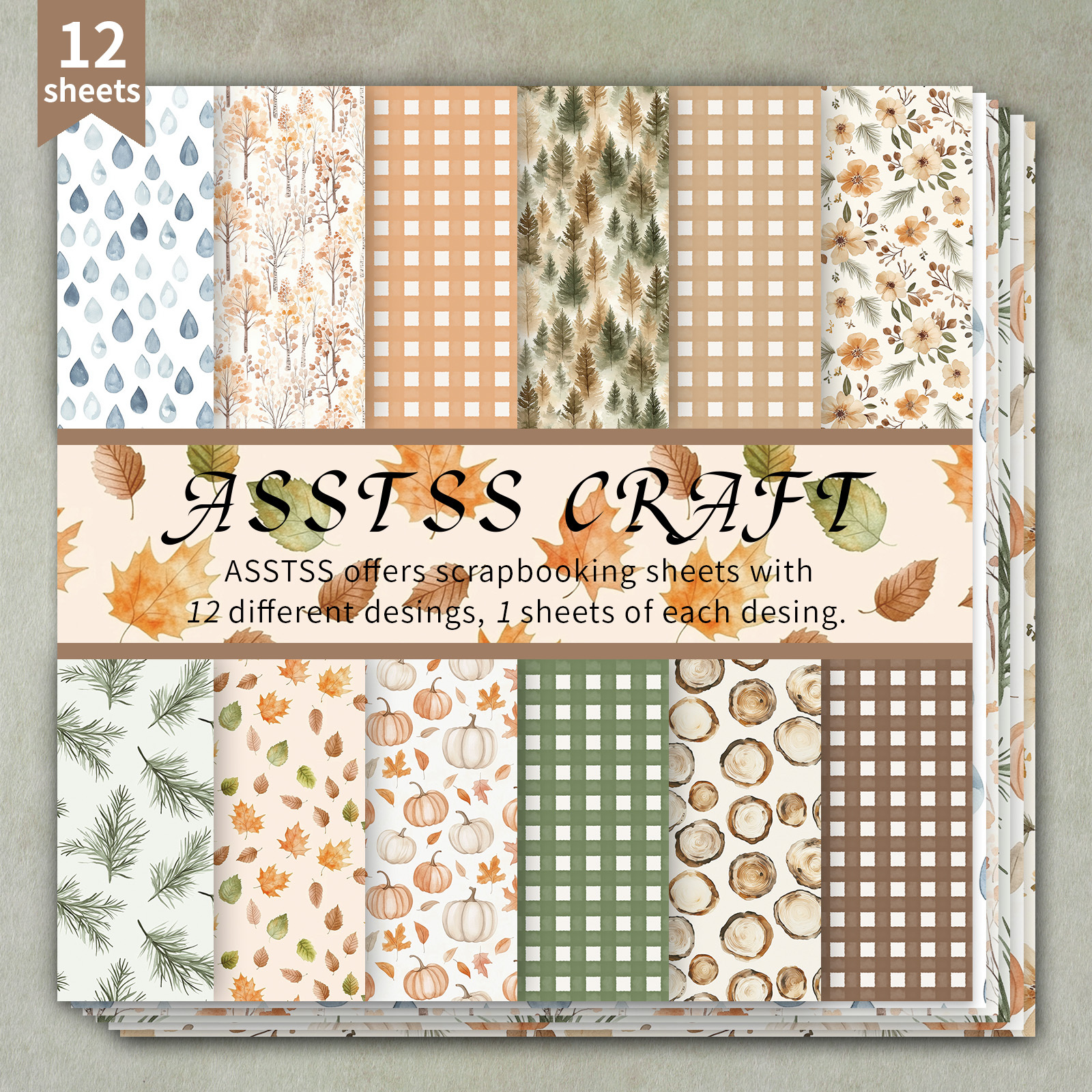 TEMU ASSTSS Bloc de Papier Scrapbooking Poids Lourd 12 Feuilles - 6"x6" Thème Aquarelle Automne avec 12 Palettes de Couleurs Uniques, Feuilles de