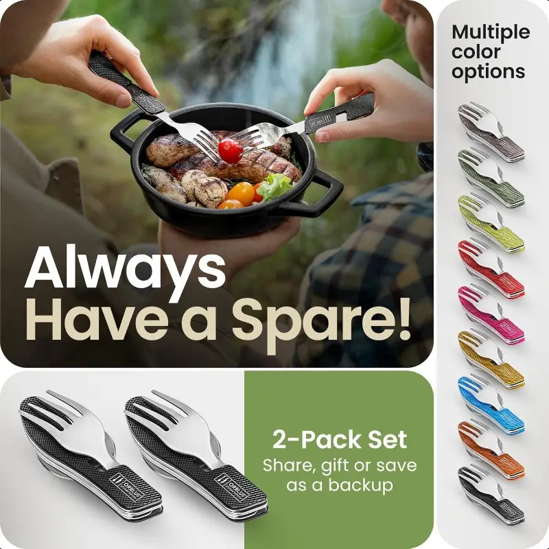 2-pack heavy-duty stainless steel compact camping utensil set with detachable fork, knife, spoon & bottle opener - portable multitool flatware with ergonomic non-slip handle, sheath & carrying case for backpacking, hiking, survival, travel - ideal for emergency preparedness & (stainless steel construction, polished , lightweight & durable), camping equipment and accessories, camping cutlery, camping gear and equipment Product details 5