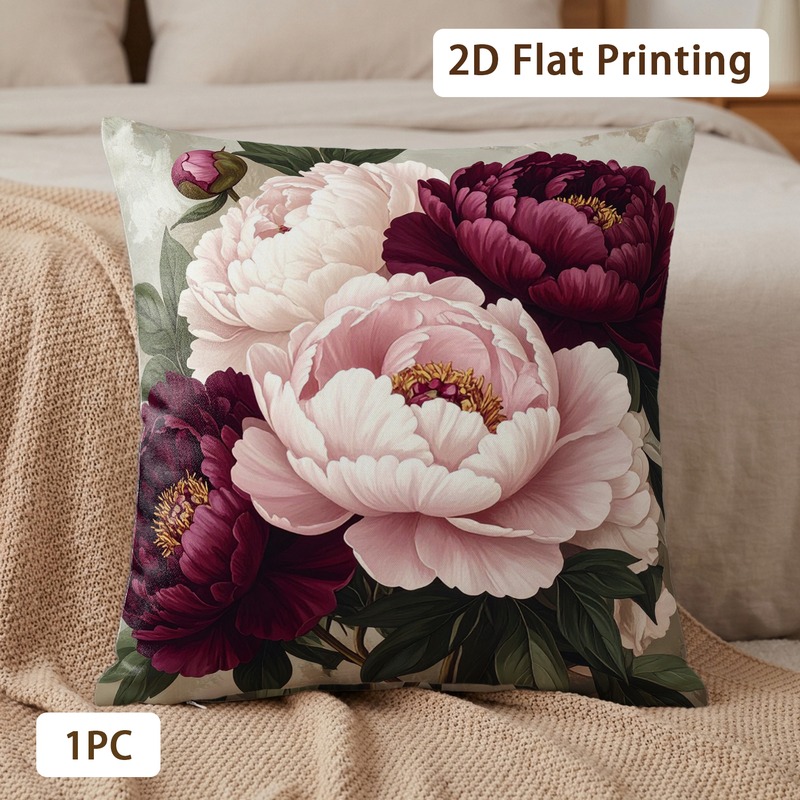 TEMU 1pc Printed Blush Burgundy Peony Green Leaves Gentle Grace Pattern 18 X 18 Inch (45 X ) Pillowcase Polyester Double-sided Washable Durable Fade