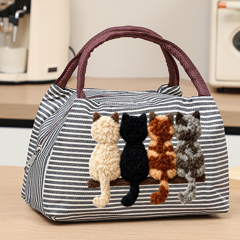 TEMU 2d Plush () Back View Striped Women's Handheld Storage Bag, Tote Bag, Zipper Closure, Can Organize Cosmetics, Stationery, Electronic Additions