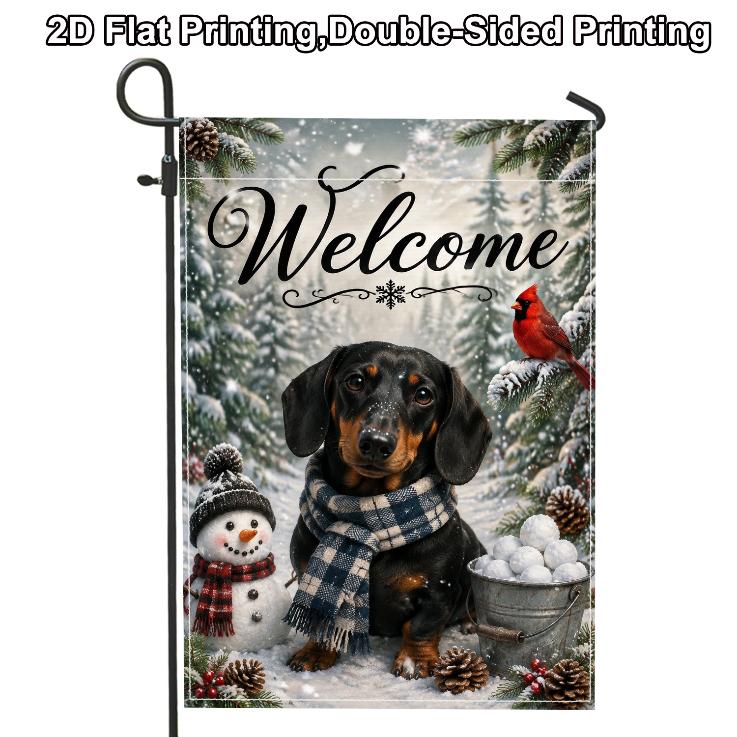 TEMU 2d Flat, 2d Flat 1pc Winter Dachshund Outdoor Double-sided Garden Flag White Pole For Garden Outside Porch Decoration Yard Decoration, 2d Flat
