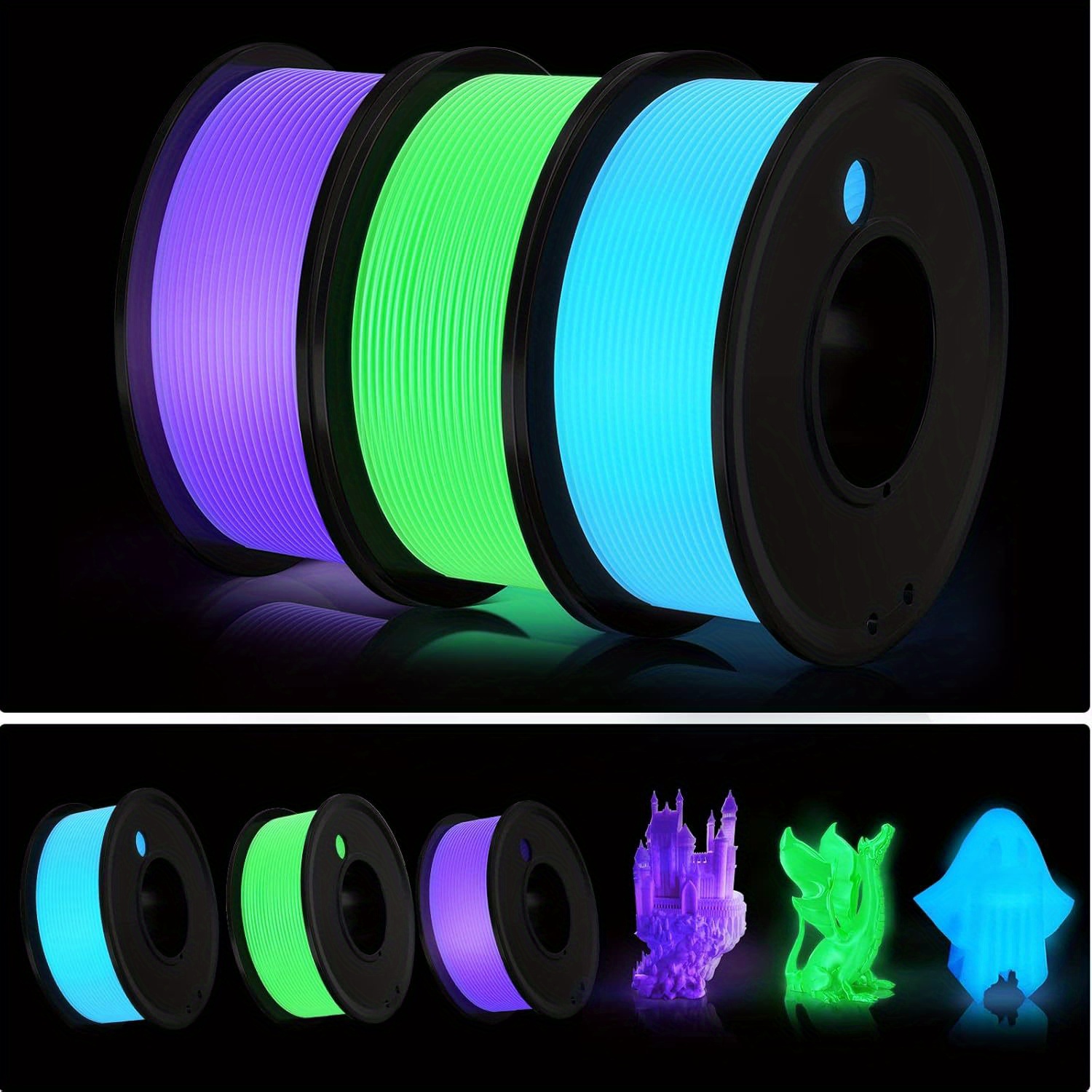 

Bundle Of 3 Colors Of 1.75mm Pla -the-dark 3d Printer Filament, Including Green, Blue, And Purple, With An Of ±0.05mm, Vacuum In 250g Spools.