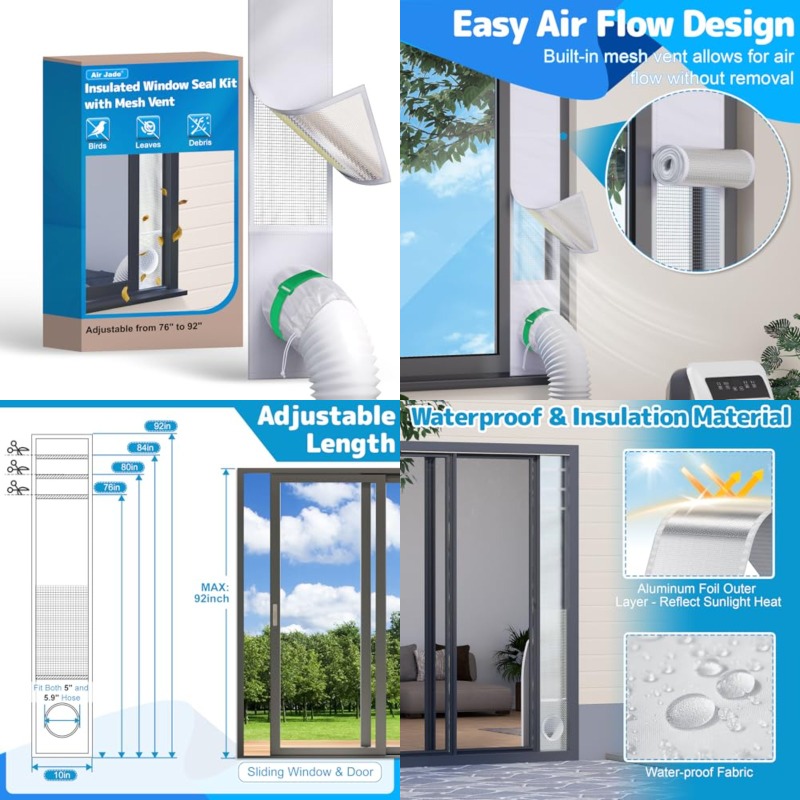 portable air conditioner window kit insulated window seal kit with mesh vent adjustable ac vent kit from 40 to 64 inches fits 4 5 and 5 9 duct hose