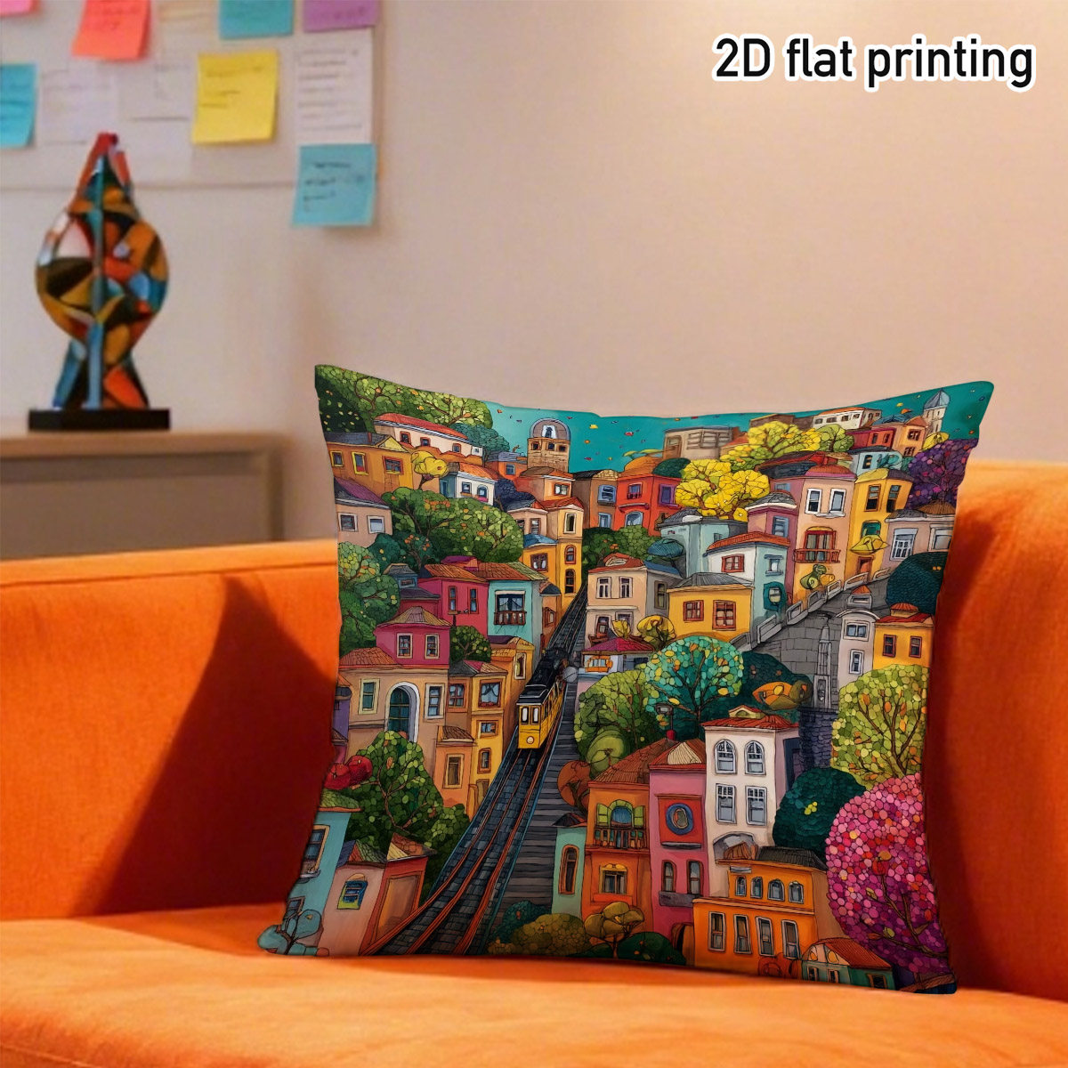 TEMU 2d Flat 1pc Whimsical Vibrant Throw Pillow Cover, Duplex Prints Colorful Hillside Houses With Train, Ideal For Vintage Style Sofa, Cozy Bedroom