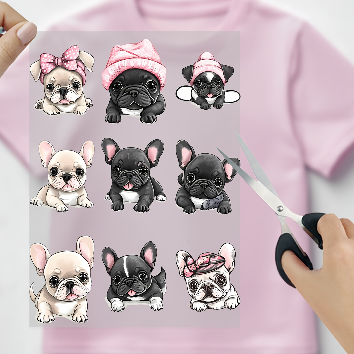 Image of 9 Cute French Bulldog Thermal Transfer Stickers, Polyurethane Pattern, Easy To Apply And Remove, Suitable For T-shirts, Jeans, Bags And Masks, Colors
