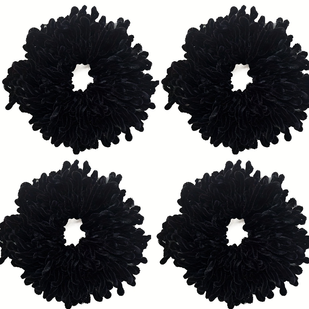 Image of 4pcs Velvet Texture Large Rope Hair Band, Black Elastic Hair Band With Drawstring Closure, Lightweight Crocheted Additions, Hand Washable Fabric Hair Band