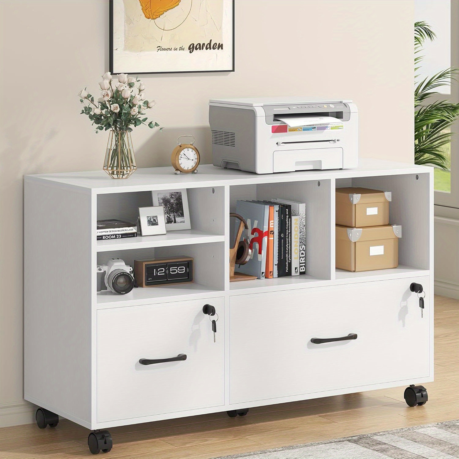 2 Drawer Wood Mobile Large Lateral File Cabinet with Lock, Lockable Rolling Filing Cabinet with Storage Shelves, Printer Stand Office Storage Cabinet for Home Office Fits Files Legal/A4, White