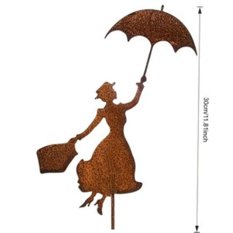 E-shop [2D Flach] Vintage Gartenschild aus Schmiedeeisen – Tanzende Dame mit Regenschirm-Design, freistehende Rasendekoration für den Außenbereich,