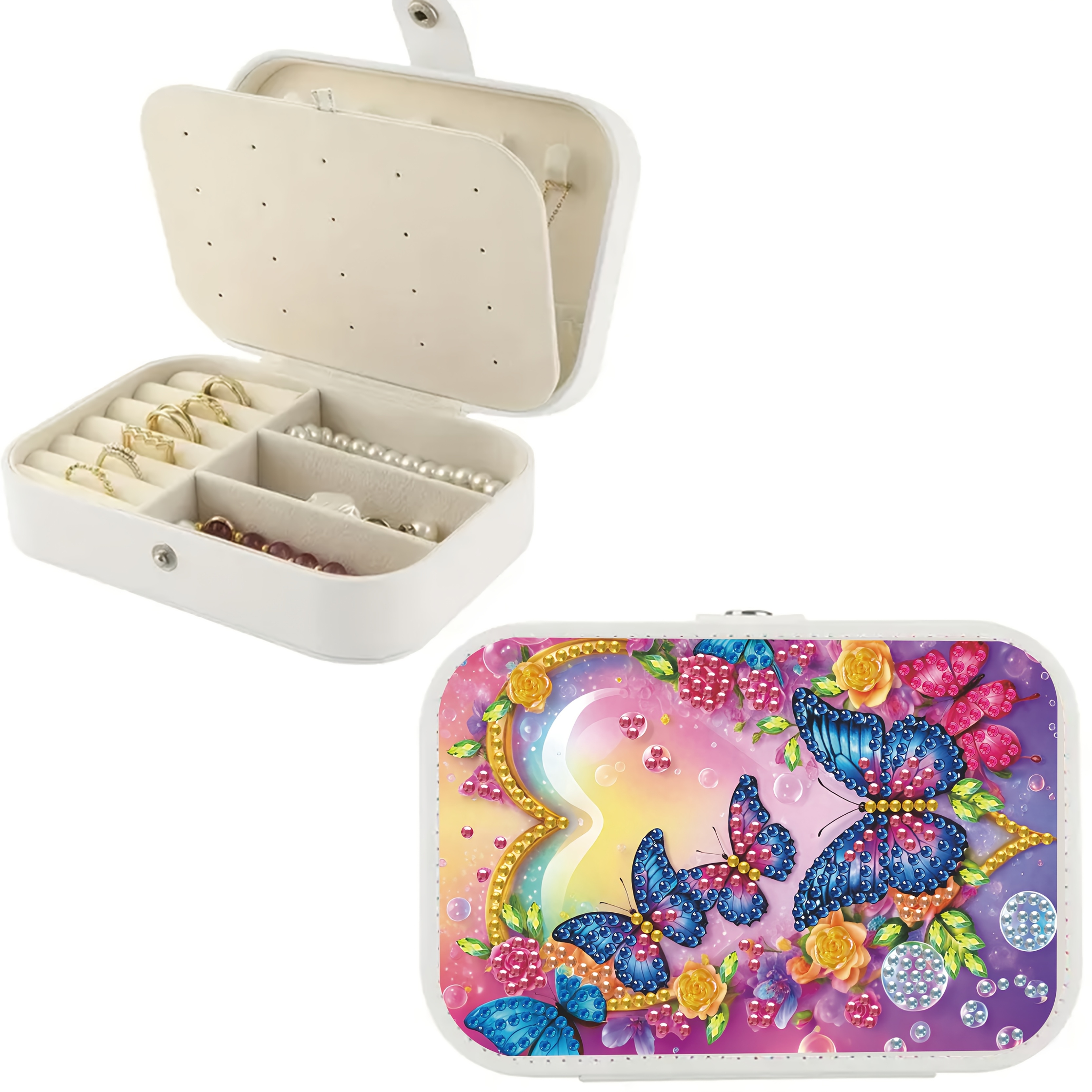 TEMU Modern Faux Leather Elegant White Jewelry Box Diamond Painting Art Set, Floral Theme Design, Includes Round And Irregular Shaped Diamonds,