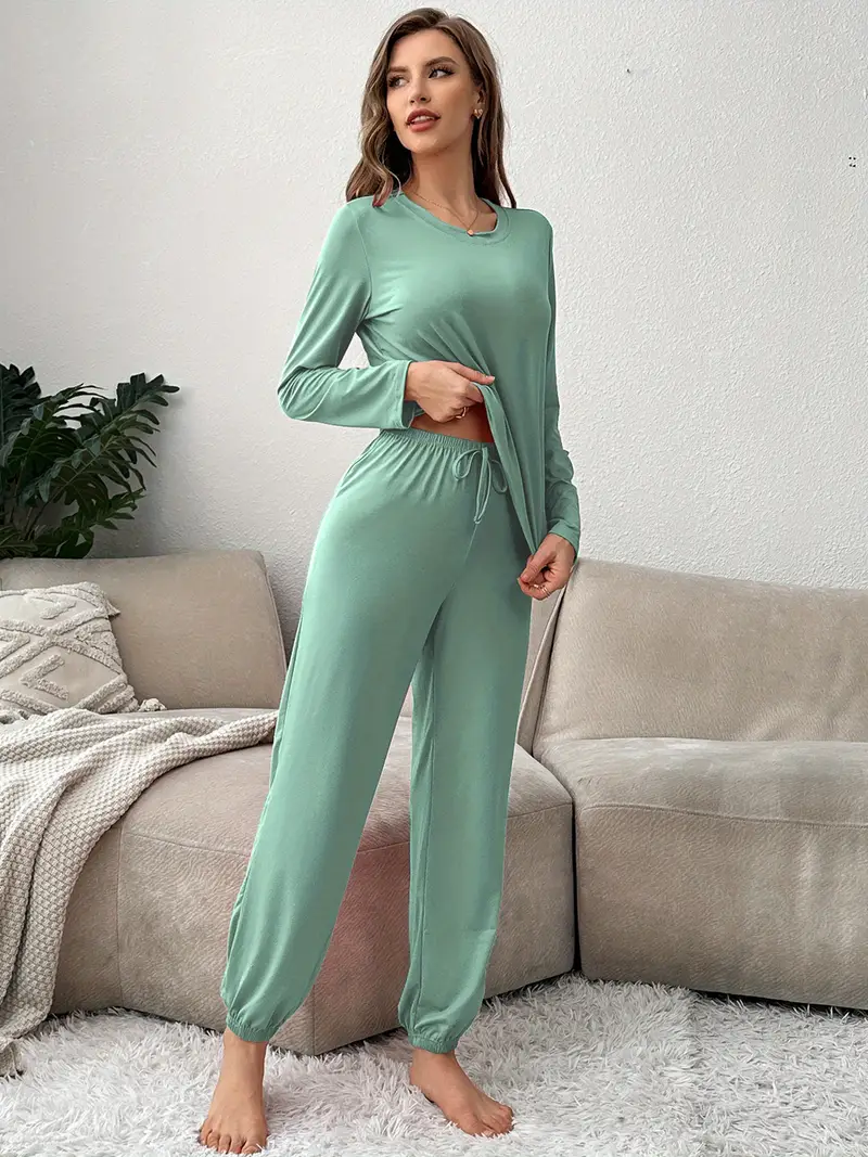 3 sets of womens pajama sets round neck long sleeved top solid color trousers solid color fabric casual loungewear outside pajamas attire relaxed fit soft texture lounge wear adults winter pajamas breathable material pajama set adults pajamas Product details 4