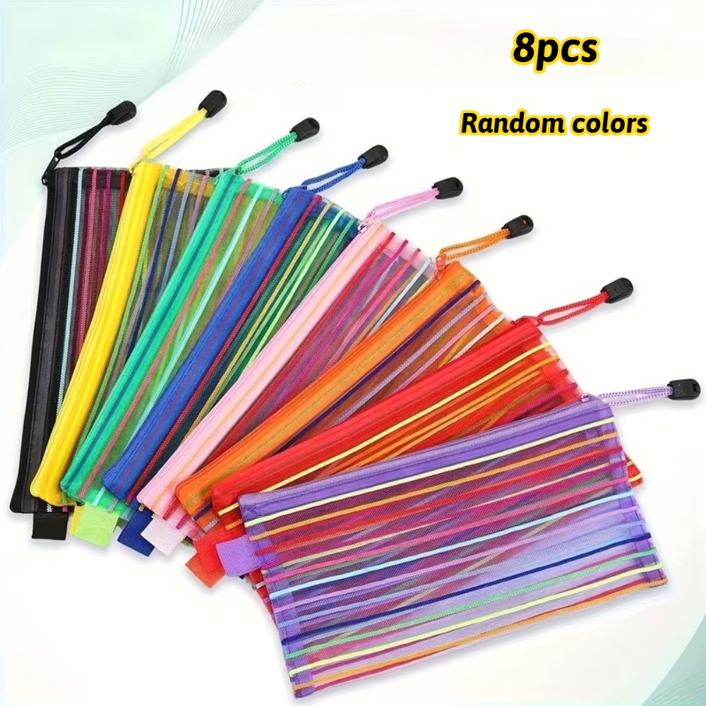 TEMU 8pcs Nylon Mesh Zipper Pouches, Multifunctional Storage Bags 23 X 12cm, Portable Pencil Pen Case, Travel And Office Organizer, Random Mixed
