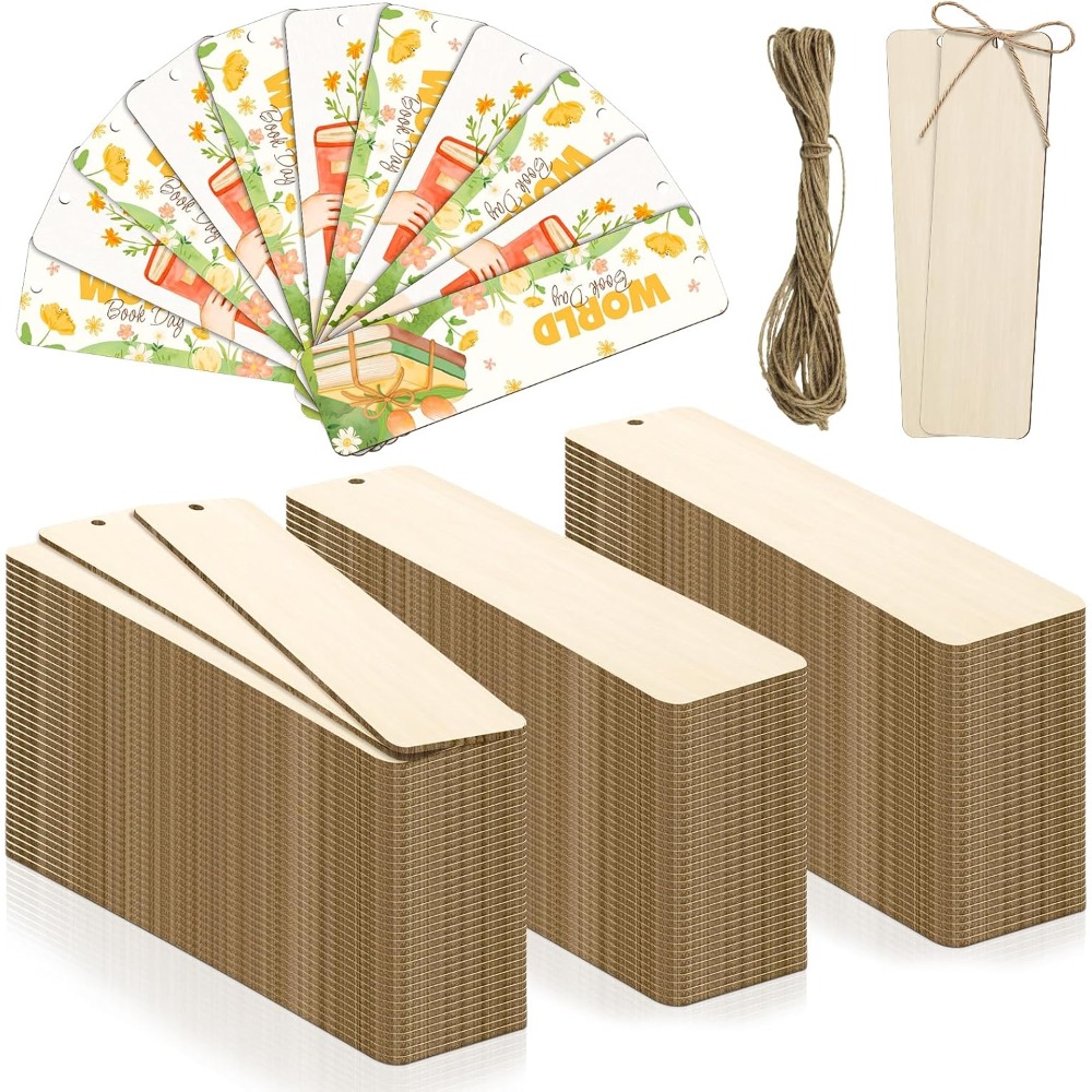 TEMU 120pcs Unfinished Wooden Blank Bookmarks Set, Wood Bookmark Tags With 10m Hanging Rope, Pre-drilled Design For Diy Painting, Engraving,