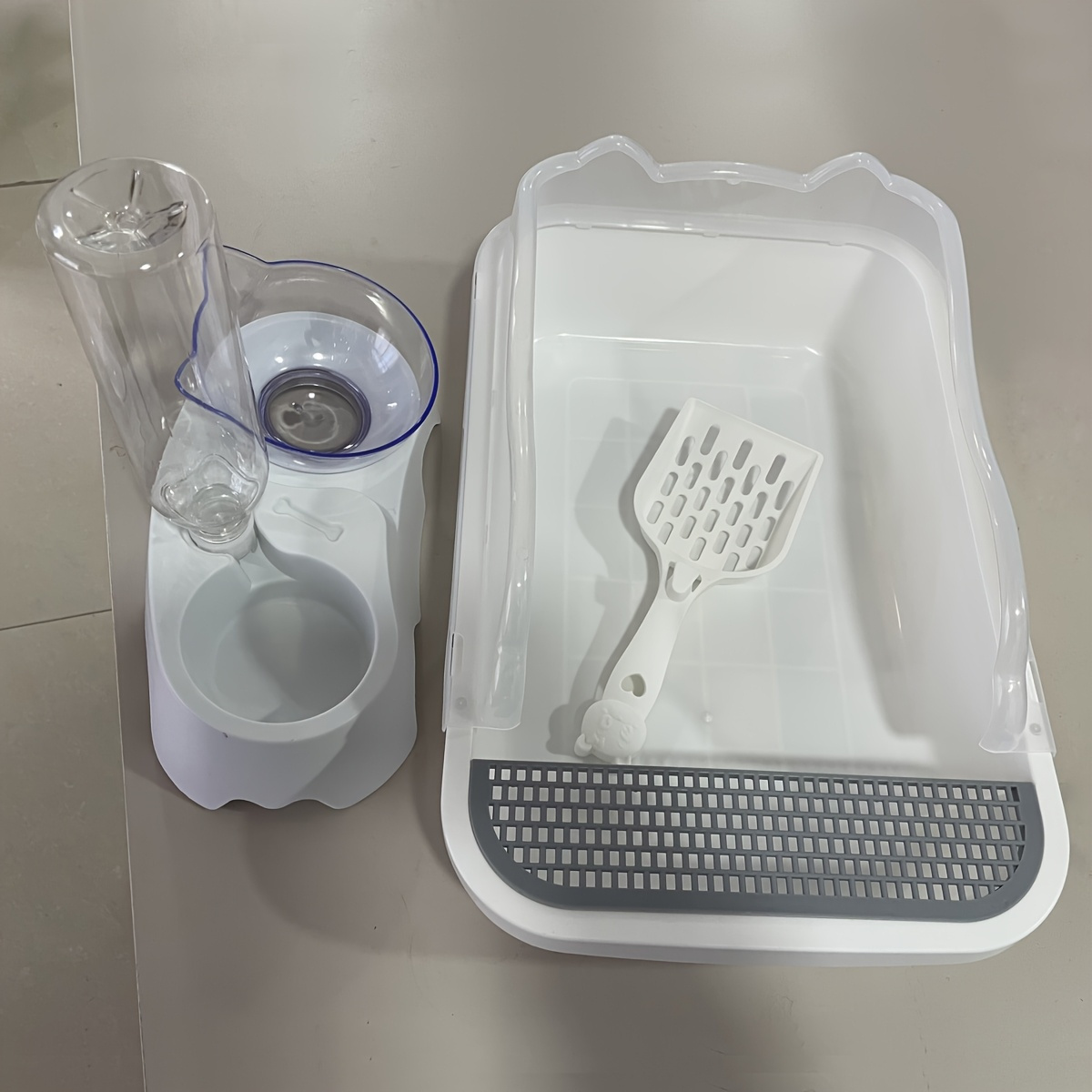 3pcs White Cat Care Suit: Durable ABS Slope Cat Litter Box with Automatic Water Adding Function, Includes Cat Litter Scoop and Double PP Drinking Bowls- Suitable for Cats, Cat Care Essentials| Practical Pet Supplies| Easy-to-clean materials