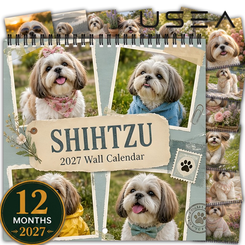 TEMU 1pc 2027 Shih Tzu Wall Calendar - Spiral-bound Hanging Calendar With 12-month Shih Tzu Dog Photos Suitable For, Office, Decor - Vintage Gift For