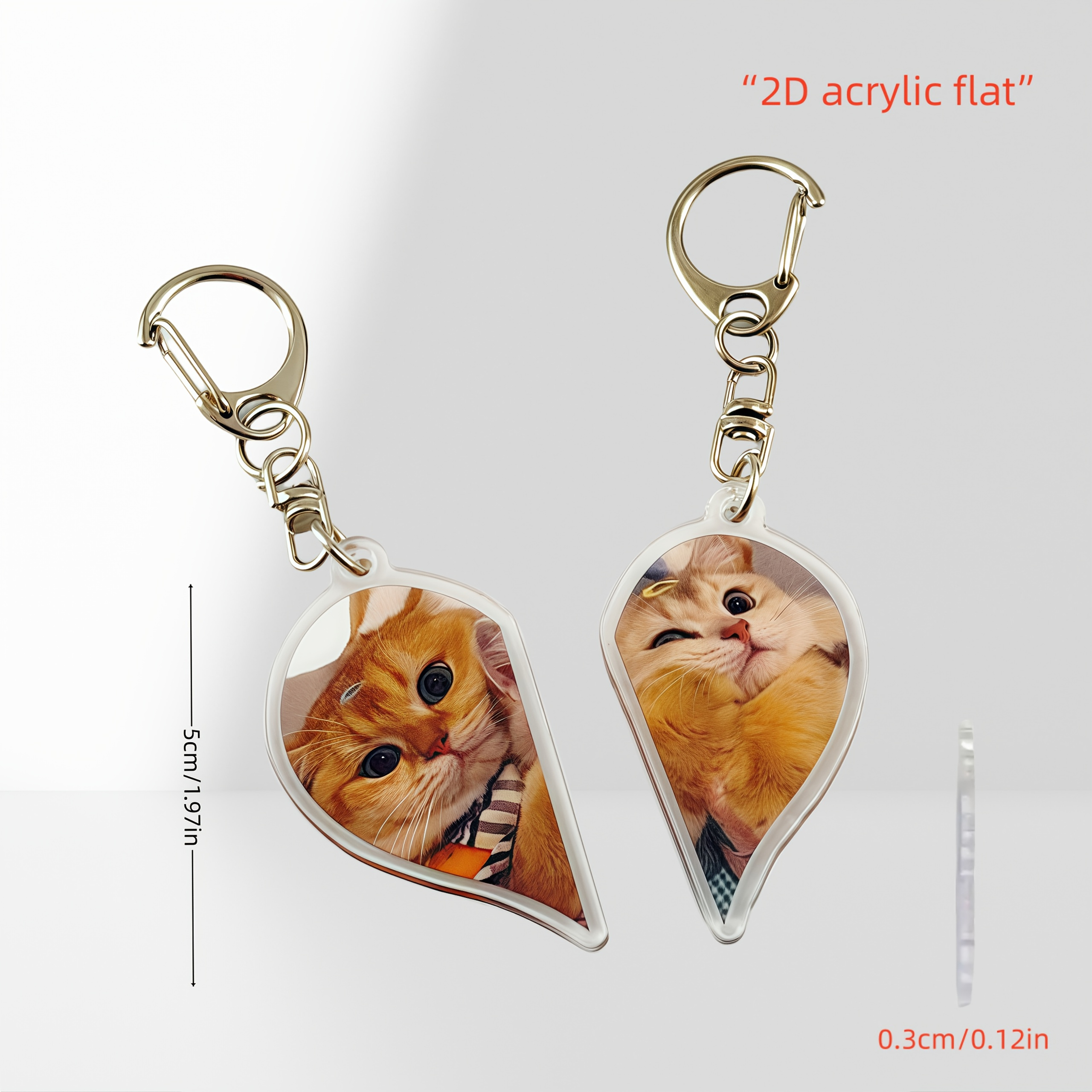 TEMU 2d Flat, 2pcs 2d Flat, Split Heart-shaped Cat Keychain Pair - Cute Acrylic Couple Keyrings With Adorable Fluffy , Durable Bag And Car Key Decor,