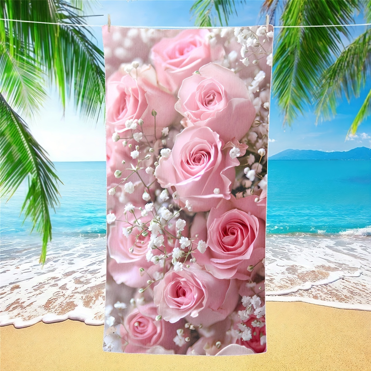 TEMU 1 pièce - Serviette de bain absorbante à motif de roses - Séchage rapide, lavable en machine, convient pour , le yoga, les voyages et le camping