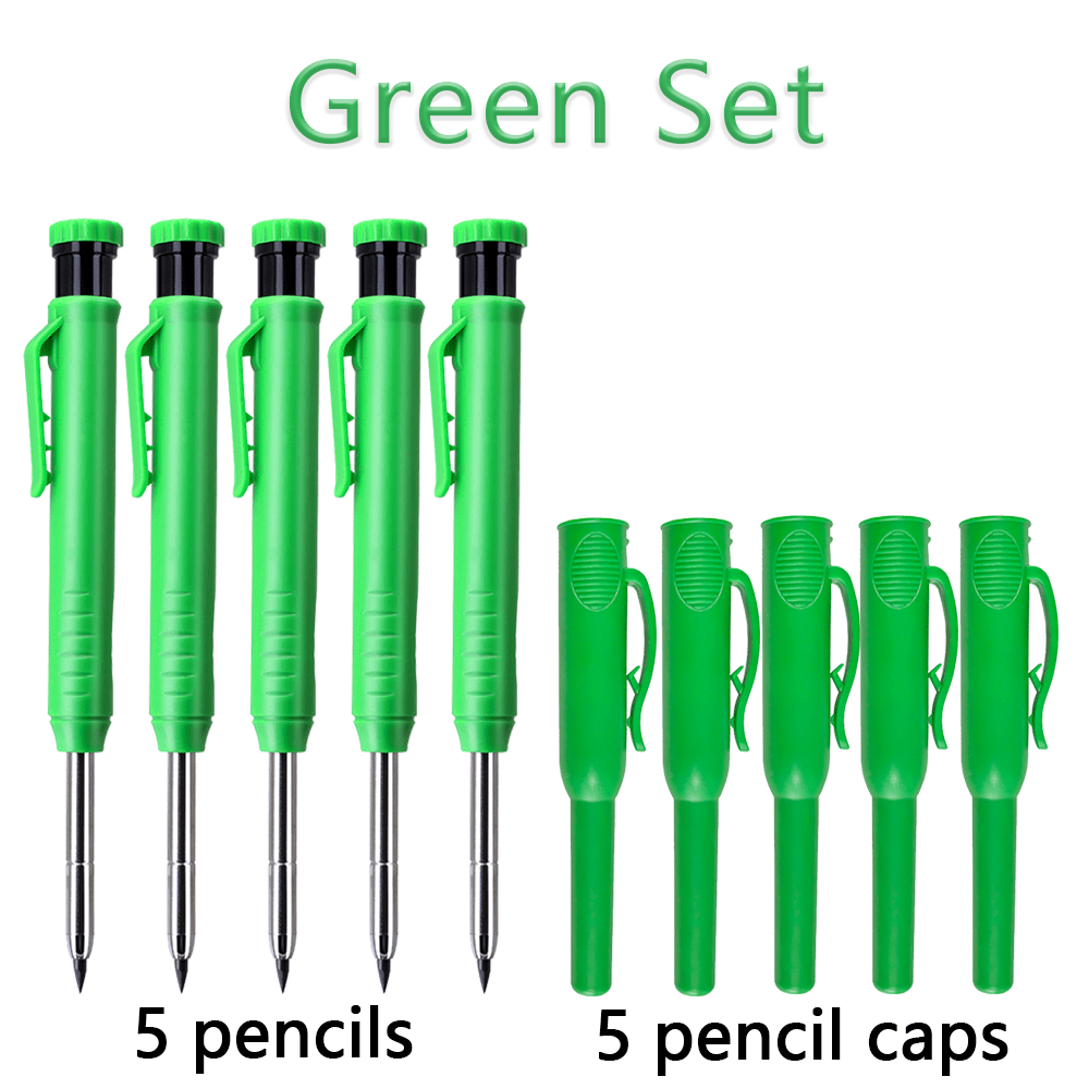 Image of Plastic Clip 2.8mm Woodworking Pencil Set, 5 Pens And 5 Caps | 1 Pen And 1 Cap, Built-in Sharpener, For Deep Hole Marking/office Stationery/engineering Drawings, Ideal For /carpenters/men