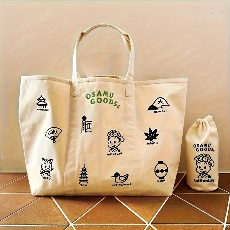 TEMU かわいいキャラクター大容量ハンドトートバッグ＆水筒収納セット