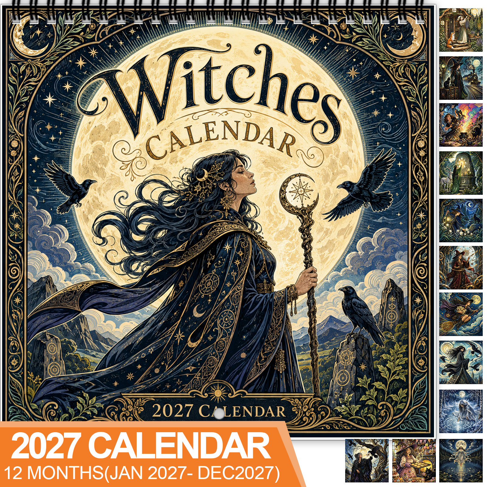 TEMU 1pc 2027 Wall Calendar, Spiral-bound 12-month Calendar Featuring Mystical , Black Cats, , Forests, , Flying Brooms, And Cottage Scenes, Gothic
