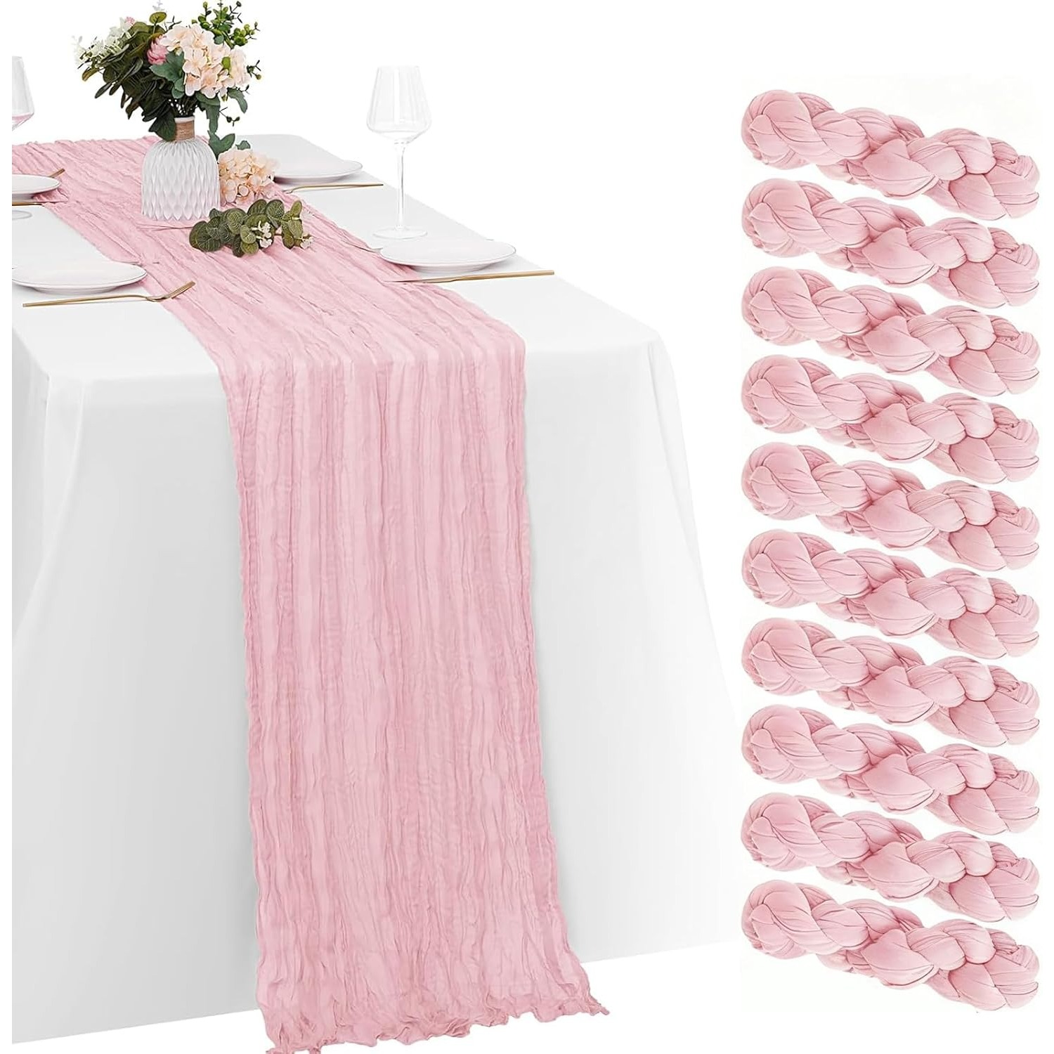TEMU 10 Pack Pink Cheesecloth Table Runner 120 Inch 10ft Boho Gauze Cheese Cloth Long Table Runner Romantic Rustic Sheer Runners For Wedding Baby