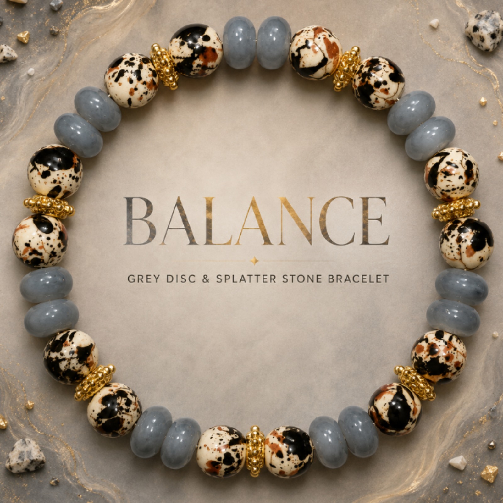 TEMU Spotted Splatter Bead With Gray Blue Abacus Spacer Bracelet, Bright Golden Accessory Embellishing Women's Cool Retro Jewelry, And Textured Bead