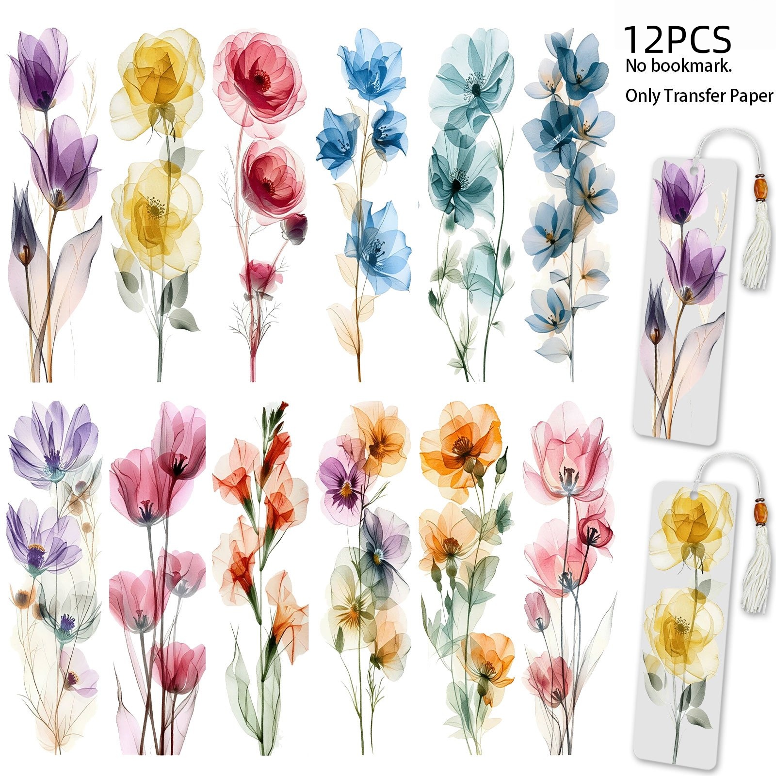 TEMU Lot de 12 UV DTF sur le thème "Floral Aquarelle" — Convient pour la décoration de marque-pages et de règles, également utilisable comme matériau