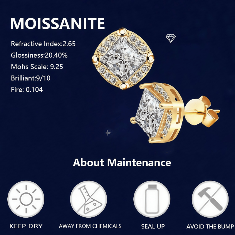 925 Silvery 0.5 Carat*2 Princess Cut Moissanite Classic Fashion Versatile Hypoallergenic Stud Earrings, High-Quality Unisex Couple Earrings Suitable for Daily Wear, Weddings, Vacations, Dates, Gatherings, Banquets, Parties, Mother's Day, Father's Day