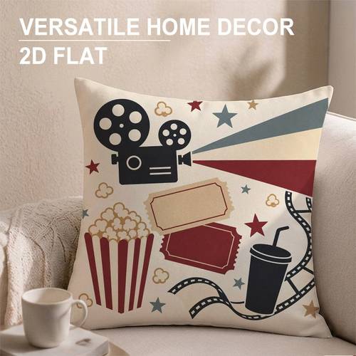 photo de l'article 1 pièce housse de coussin à impression 2d plate - thème cinéma vintage, impression avec de projecteur de cinéma, -corn, ticket de cinéma et , plusieurs tailles disponibles, convient pour housses de coussin décoratives pour canapés de salon et de chambre à coucher, plat