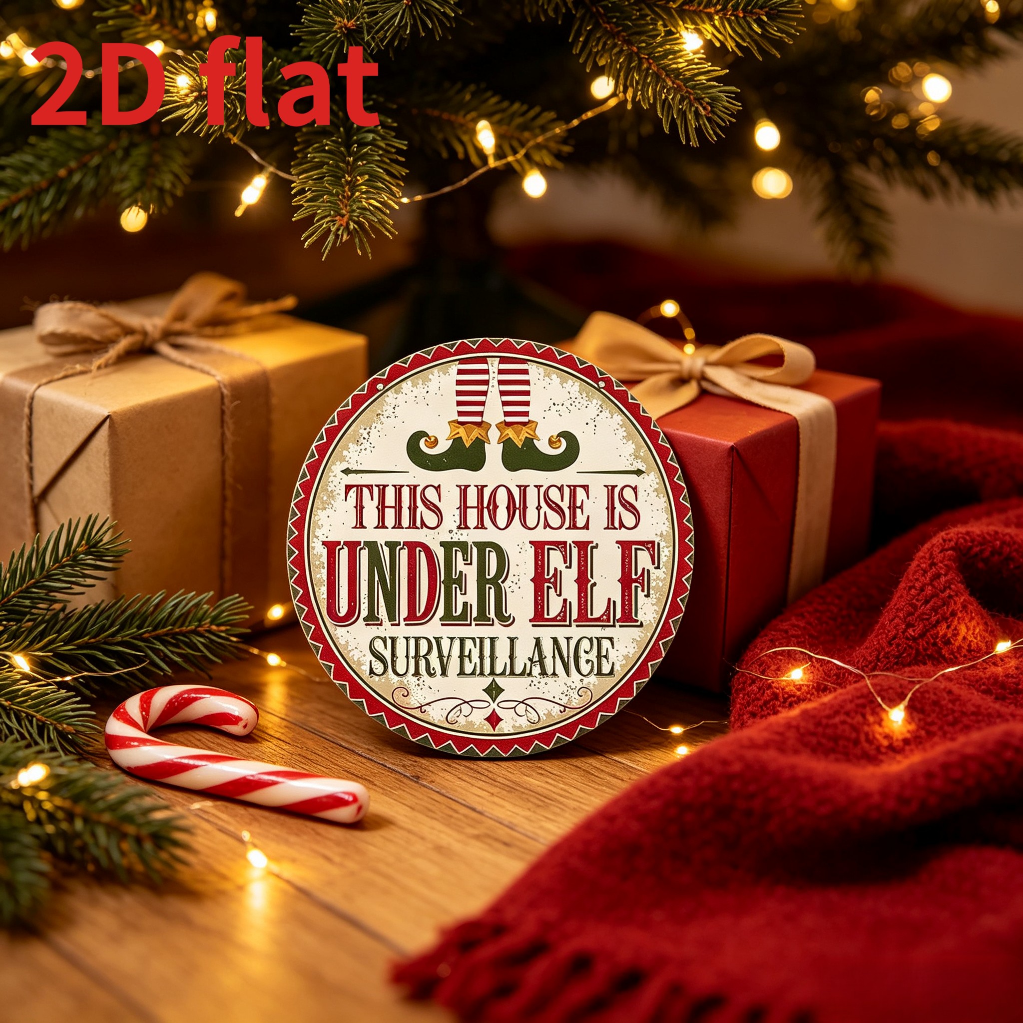 TEMU 2d Flat, Round Christmas Decoration Sign This House Is Under Elf Surveillance Distressed Hanging Plaque, Outdoor Yard Porch Wall Festive Decor,