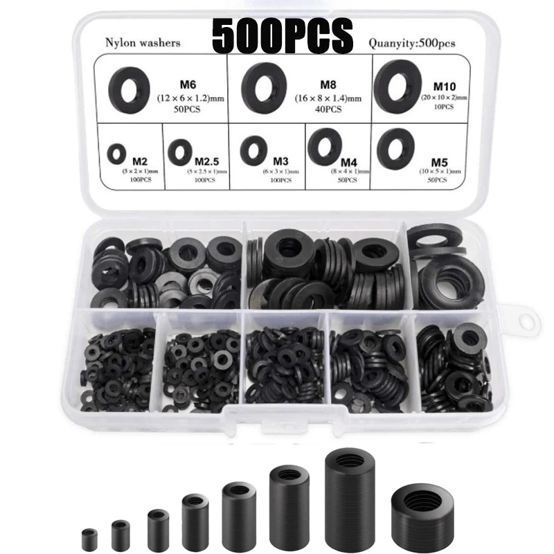 E-shop 500 Stück Nylon-Unterlegscheiben Flach Sortiment Set mit 8-Größen Sicherungsscheiben M2 M2.5 M3 M4 M5 M6 M8 M10 Nylon Dichtungsringe