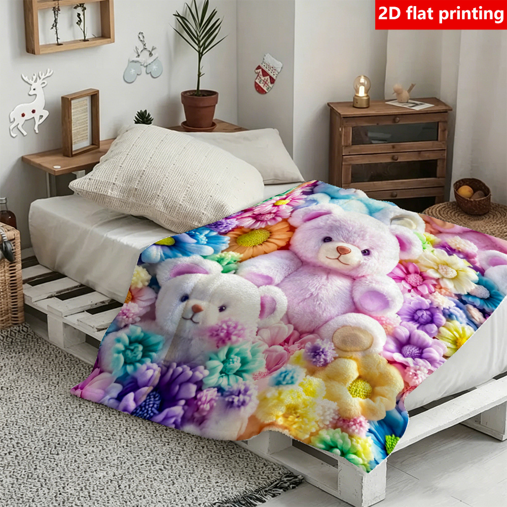 Macaron Colored Bear Floral Flannel Blanket