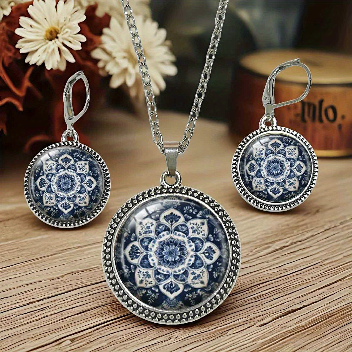 TEMU Juego de 3 piezas de joyería con mandala floral azul y , un regalo ideal para entusiastas de encanto oriental