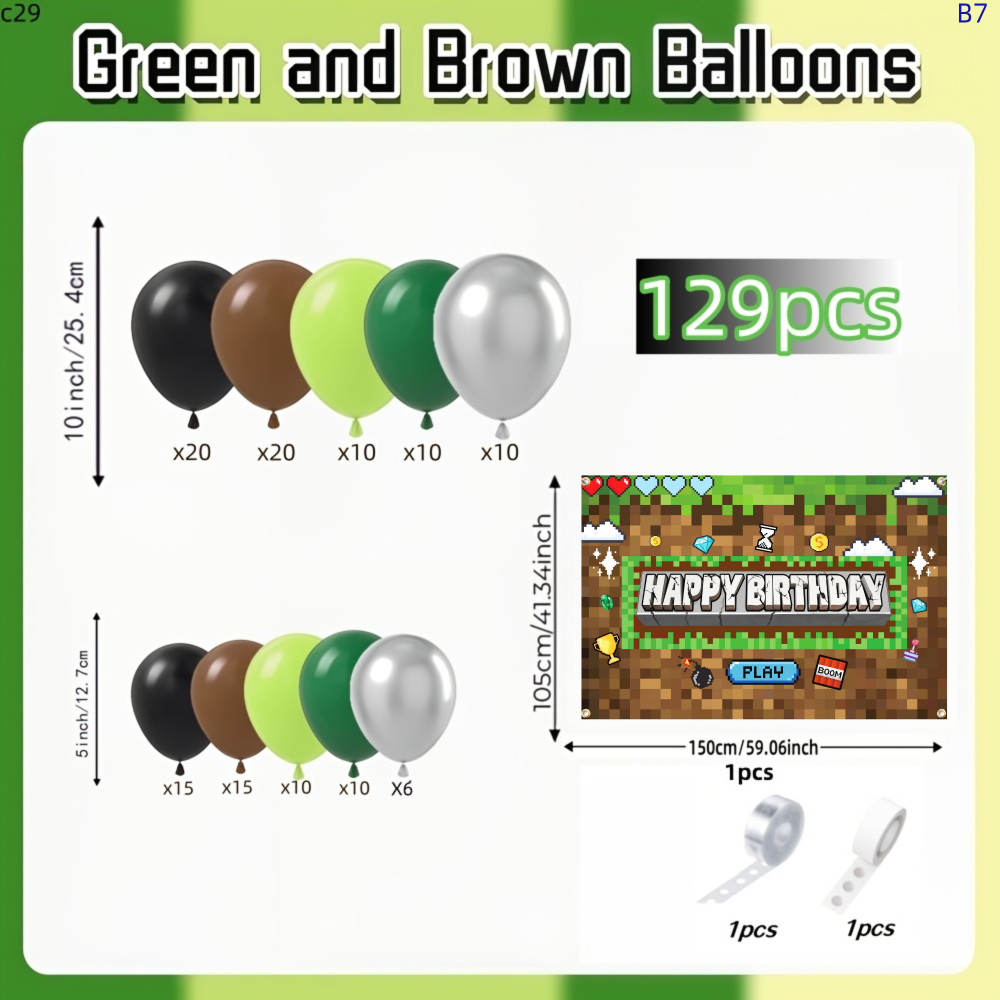 TEMU 129pcs Balloons 10inch And 5inch Green Silver Happy Birthday Pixel Style Theme Party Decorations For Kids Boys Girls Birthday Party