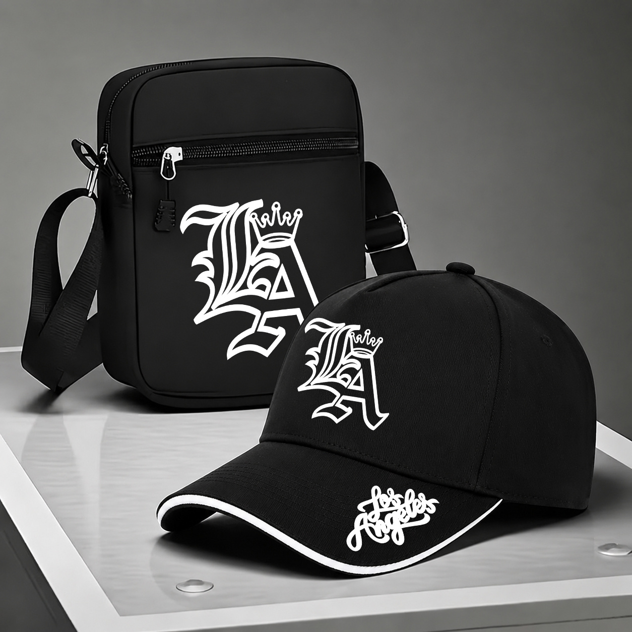 TEMU 2pcs La Crown Letter Print Baseball & Crossbody Bag For - Adjustable Y2k Streetwear Suitable For Outdoor Sports, Unisex Curved Brim With La