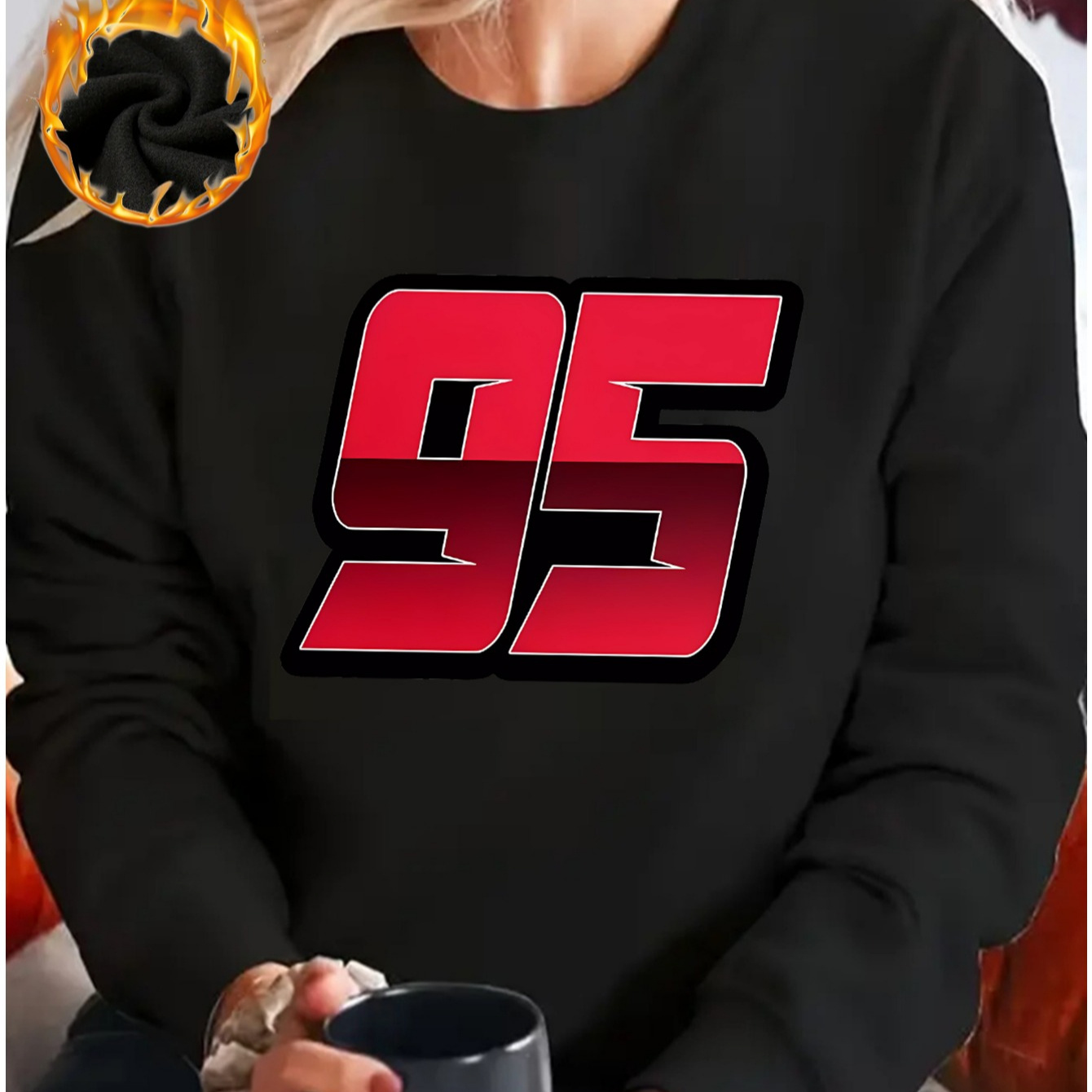 

1pc Women's Red 95 Print Fleece-lined Thickened Sports Long Sleeve Pullover Sweatshirt, Crew Neck, Knit Polyester, Stretch, Adult Casual Wear