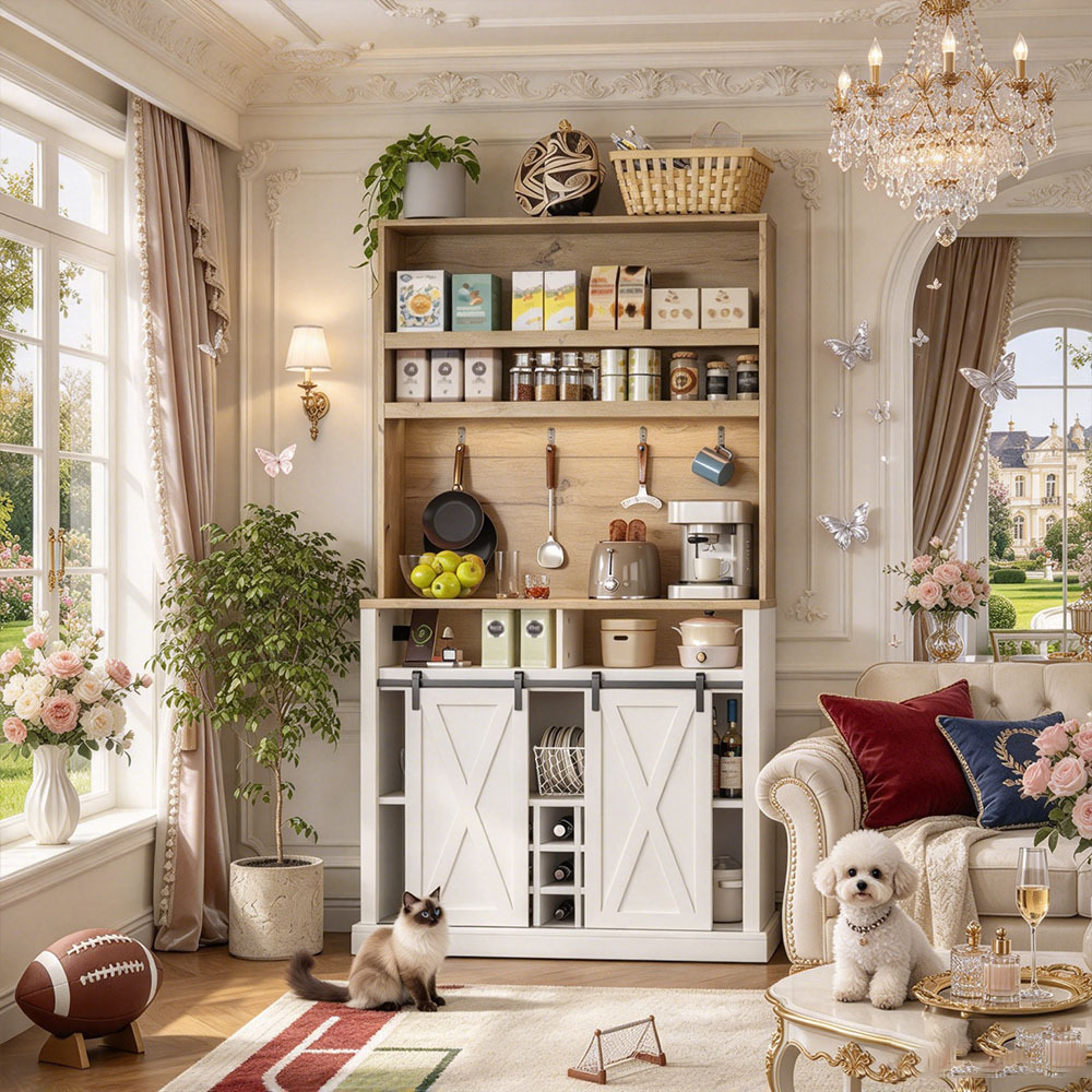 Image of Style 191cm Tall Kitchen Cabinet With Open Shelves, Side Hooks, Sliding Door Storage, Shelving Units, And Wine Rack; Suitable For Kitchen And Dining Room; Natural And White