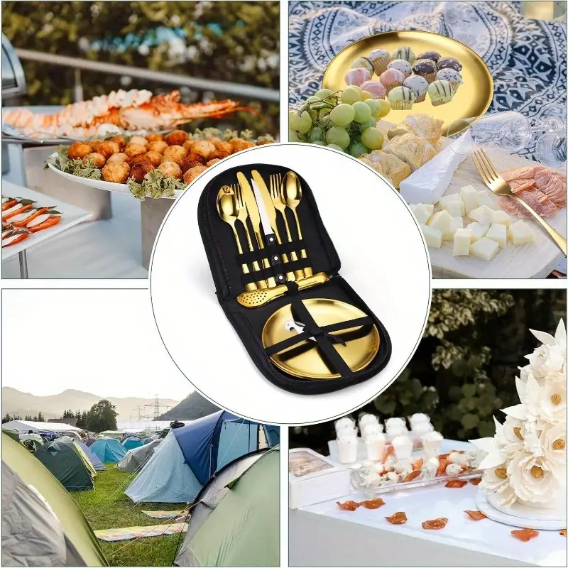 camping silverware kit cutlery organizer utensil picnic set stainless steel plate spoon clip and serrated knife wine opener fork napkin hiking camp kitchen bbqs non food contact Product details 3