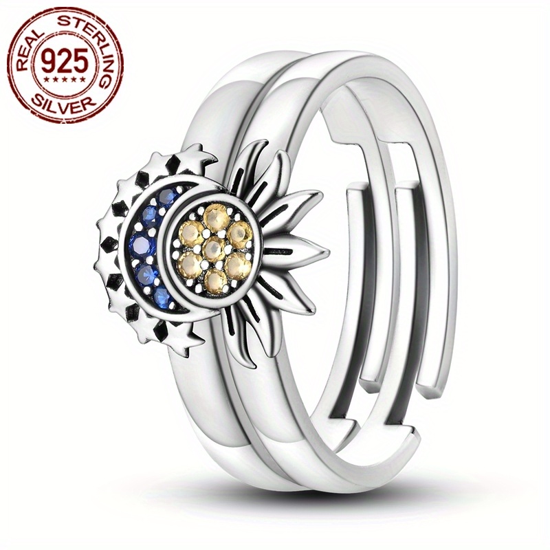 925 Silver Sun Moon Star Zirconia Ring Set Wedding Jewelry