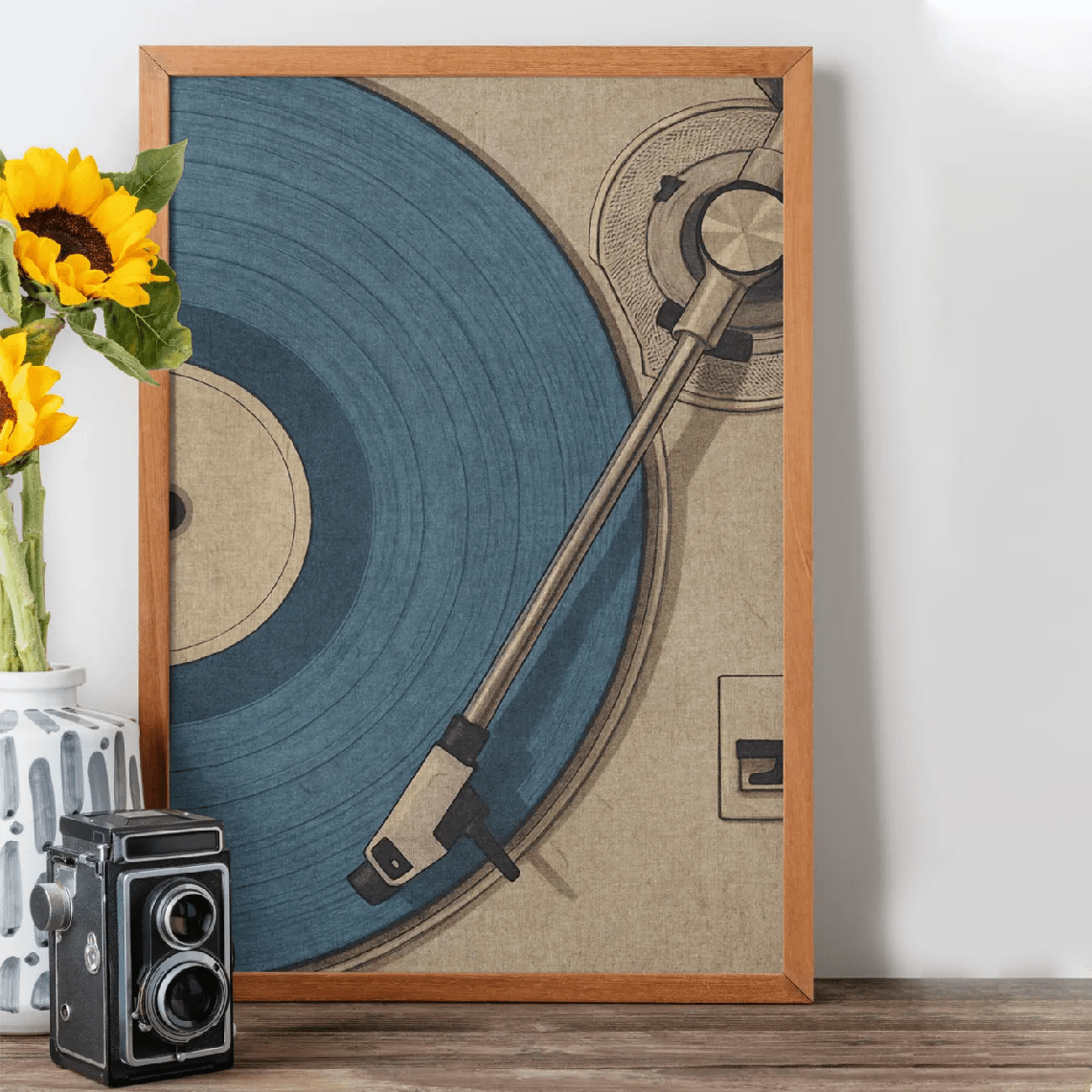 TEMU Décoration murale plate 2D, 2D plat, 1 pièce, un affiche vintage représentant un disque vinyle bleu, impression d'art, décoration murale de