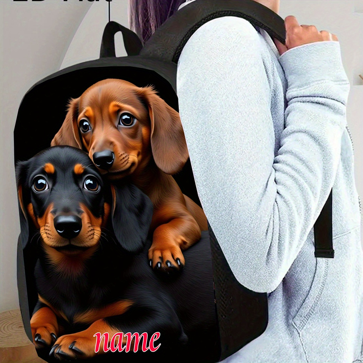 TEMU 1pc, Custom Name, Cartoon Dachshund Pattern Backpack, Vibrant Cartoon Design, Large Capacity 17-inch Casual Laptop Backpack With Water Bottle