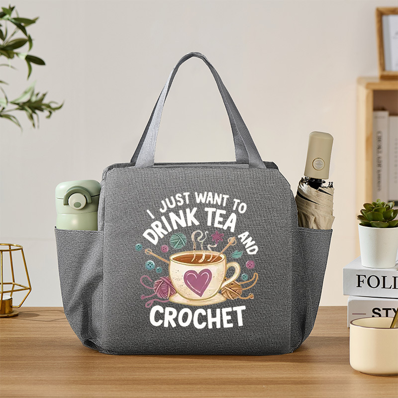 TEMU Ladies' Handbag Featuring A -language Pattern With A Teacup And Knitted Crochet Theme. Designed For Craft Lovers With A Strong Sense Of