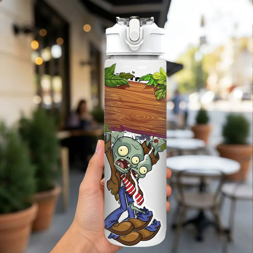 TEMU 1pc Zombie Soutenant Panneau en Bois Imprimé, Bouteille d' en Plastique 750Ml/26Oz, Design Imprimé , Anti-Fuite avec Couvercle Pop-Up, Convient