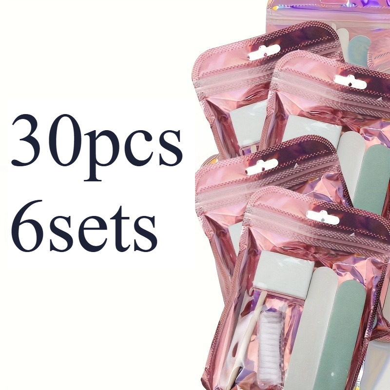 TEMU 30 pièces/6 lots d'outils de nail art - à ongles (grain fin) + repousse-cuticules en bois + bâtonnet de nettoyage pour ongles + pinceau de nail