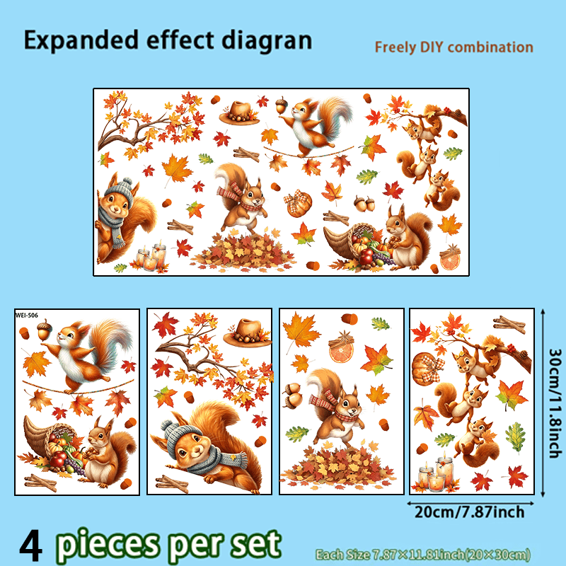 Image of 4pcs, Autumn Squirrel Window Glass Stickers, Squirrel Maple Leaf Design, Wall And Window Decoration, Home Decor, Party Supplies, Unique, , Ideal Gift