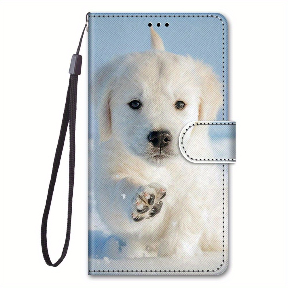 TEMU Snow Puppy Cute Painted Phone Case With Lanyard, Creative Double Fold Leather Flip Phone Case With Card Slot Anti-theft Brush For Galaxy A56/