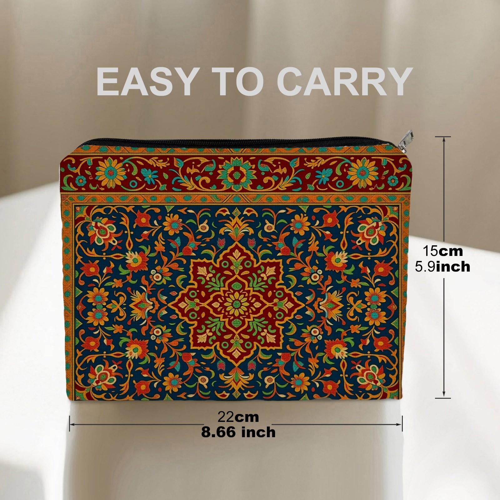 TEMU 1pc Double-sided Cosmetic Bag With Traditional Floral & Geometric Patterns - Vibrant /red/orange Suitable For , Family, Girlfriends, Zipper