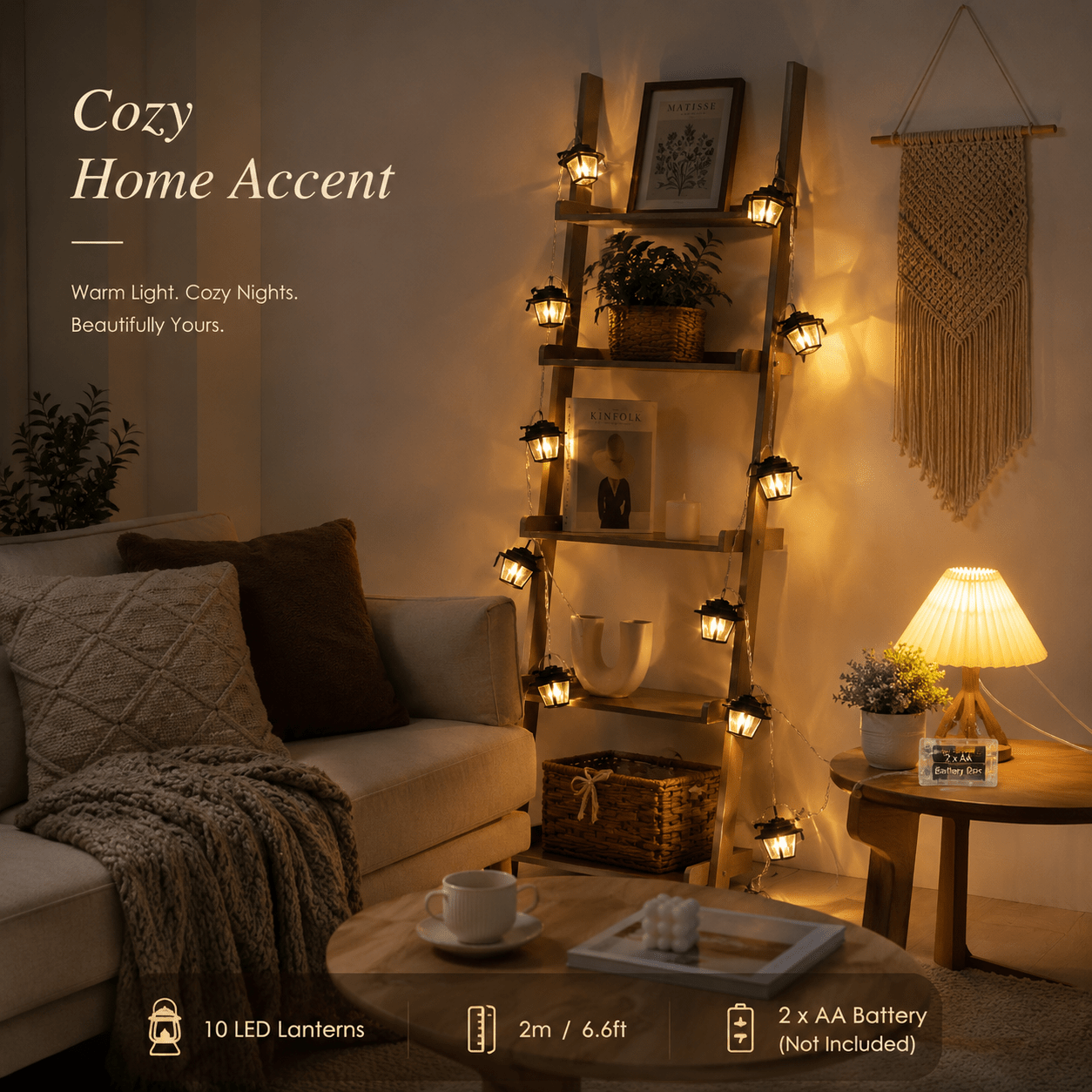 TEMU Guirlande lumineuse de 2 m avec 10 lanternes noires, lampe décorative LED blanc chaud, d'ornement à piles pour décoration intérieure de fêtes