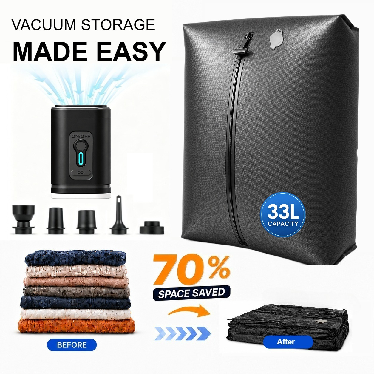 item picture 33l large capacity vacuum compression bags set with 1200mah rechargeable multi function electric air pump space saving packing bags for luggage and backpacks reusable thickened sealed storage bags for clothes and quilts inflatable bed and swim
