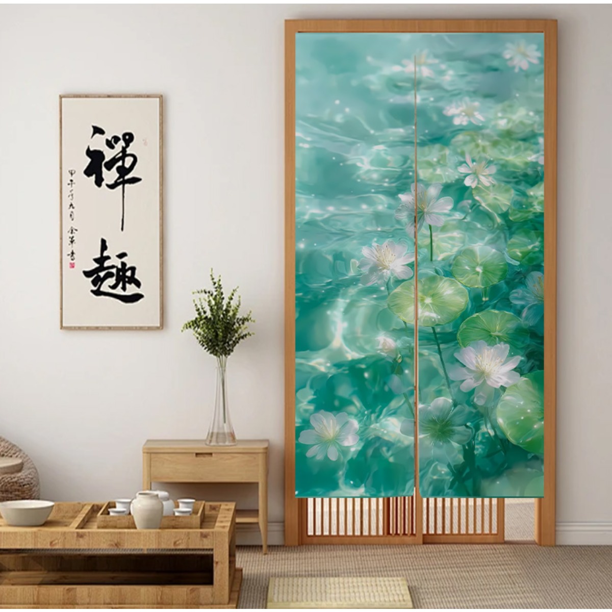 TEMU 禅ガーデン スイレン ドアカーテンパネル - リビング・寝室用 軽量生地、緑と白の花柄スクリーン ーデザイン、簡単取り付け 室内装飾用、高耐久パネル