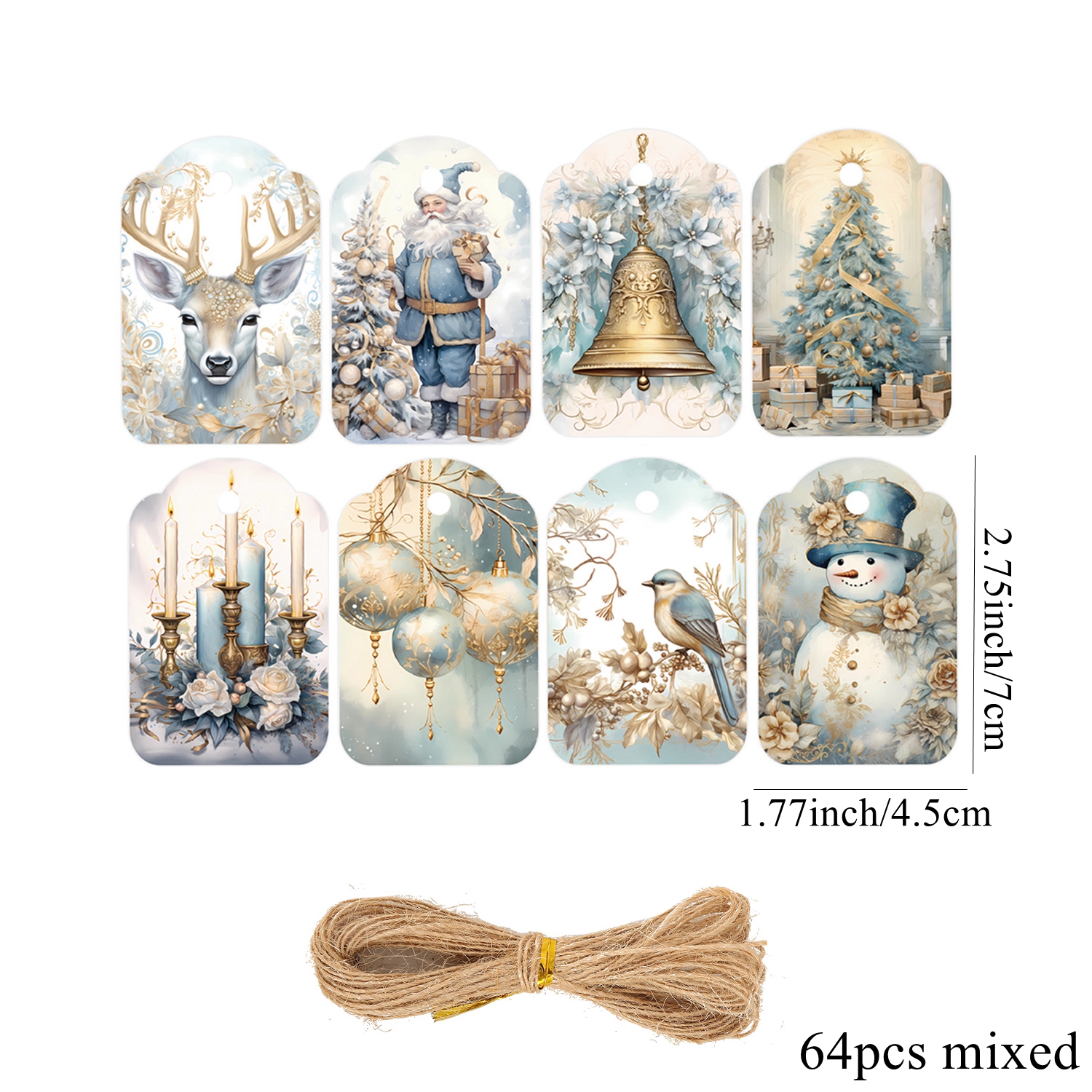 TEMU 64pcs/ Set Blue Christmas Hanging Tags Cartoon Santa/ Snowman/ Deer Paper Labels For Merry Christmas Party Decorations Diy Gifts Packaging